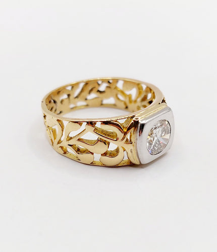 Bague 57 Bague chevalière art nouveau diamant 0,90 ct en or 18k et platine 58 Facettes A06449