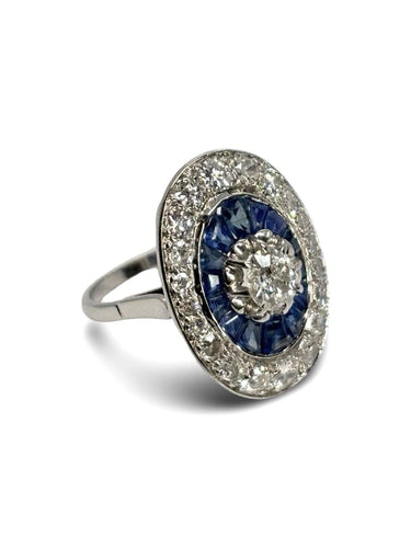 Bague ancienne or blanc saphirs et diamants 1,6 ct