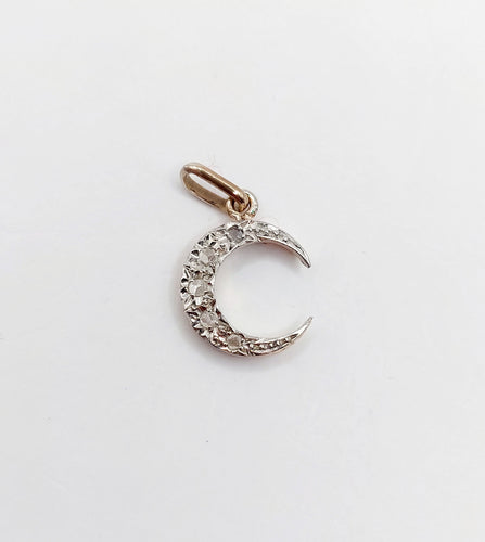 Pendentif croissant de lune en or rose 18k et platine, diamants taille roses