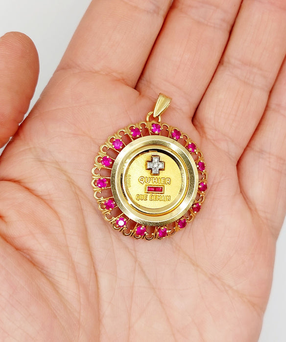 XXL Pendentif médaille d'amour Augis 33 mm or jaune diamant rubis hier demain