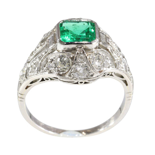 Bague 59 Verdant Vintage : Bague en émeraude colombienne et diamant taille ancienne de 1920 58 Facettes 16144-0061