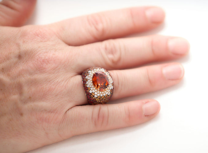 Bague 56 BAGE GRENAT "MANDARIN" DIAMANTS ET SAPHIRS DE COULEUR EN OR JAUNE 18K 58 Facettes