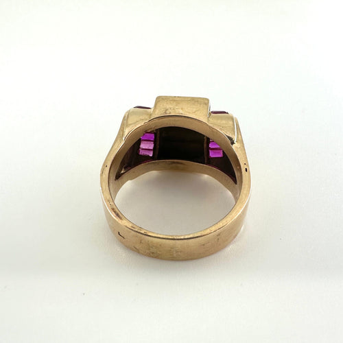 Bague 56.5 BAGUE TANK RUBIS CALIBRE ET DIAMANT EN OR JAUNE 18K 58 Facettes