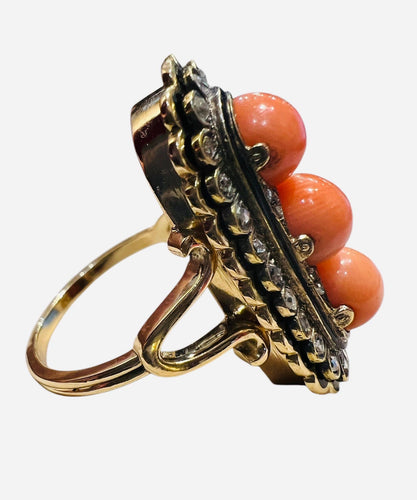Bague 59 Bague en or 18 carats avec corail, diamants taille rose et émail noir 58 Facettes 7816 A