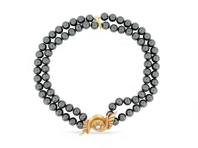 Collier collier double rangs perles hematites noires or jaune 18k & diamants 0.67ct 58 Facettes 272071