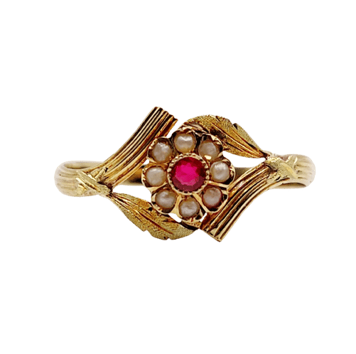 Bague 60 Bague fleur Art nouveau en or 18k, pierre rouge et perles (circa 1900) 58 Facettes A06426