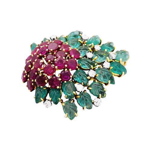 Boucles d'oreilles Clip Floral, or jaune, diamants, émeraudes, rubis. 58 Facettes 35266