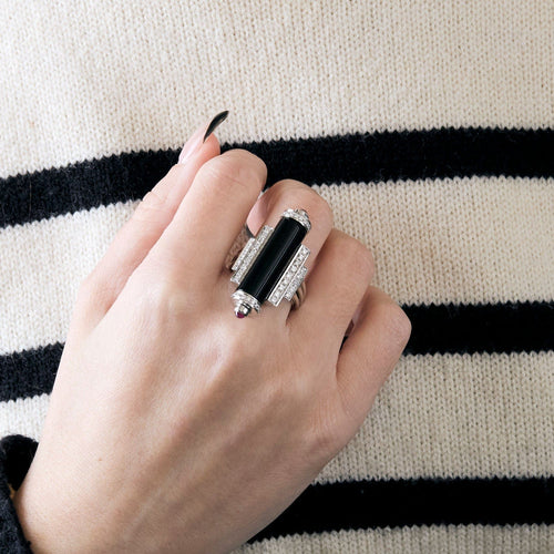 Bague 55 BAGUE STYLE ART DECO OR BLANC DIAMANTS ONYX 58 Facettes Mac 30