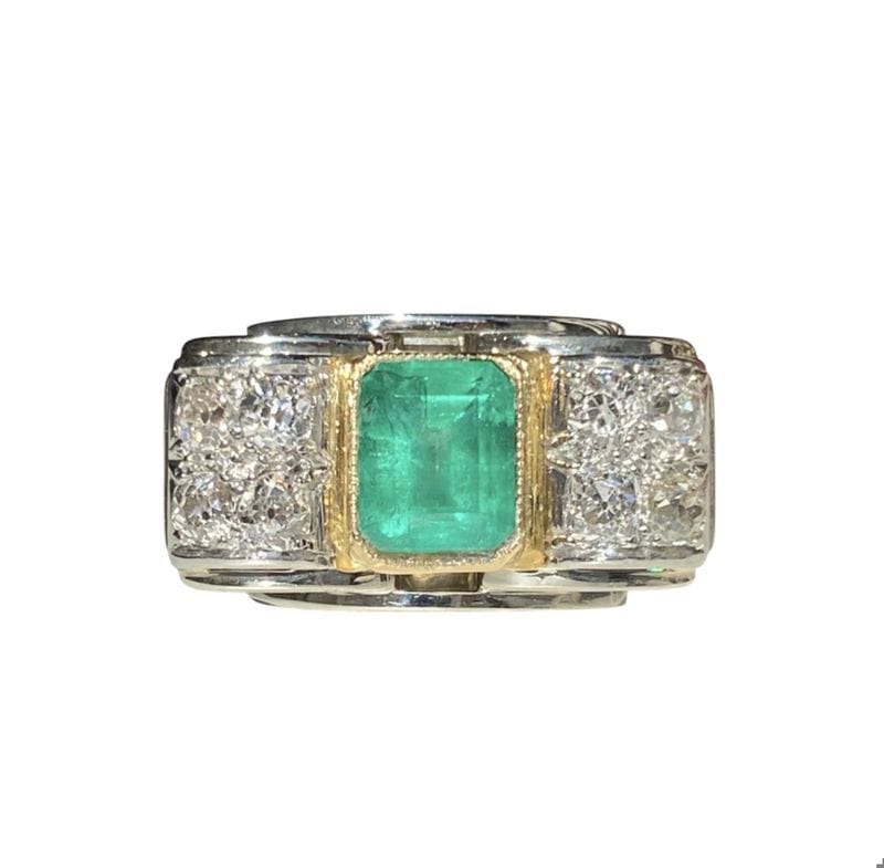 Bague Tank en or blanc et jaune, émeraude et diamants