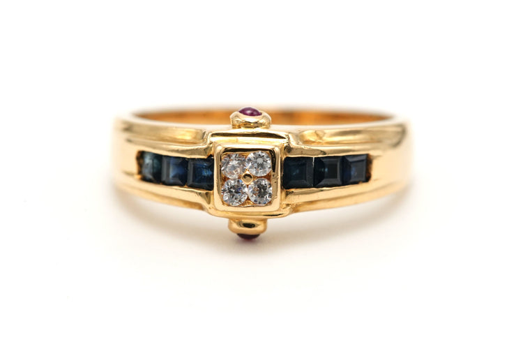 Bague 52 Bague contemporaine en or jaune 18 carats sertie de saphirs, de rubis et de diamants "taille" brillant (+-0.056ct) 58 Facettes 23176