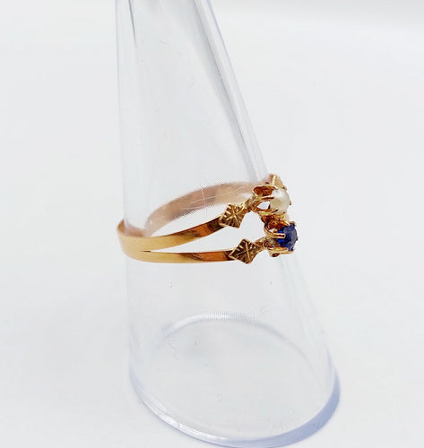 Bague 57 Bague toi et moi antique en or rose 18k perle et pierre bleue 58 Facettes A06504