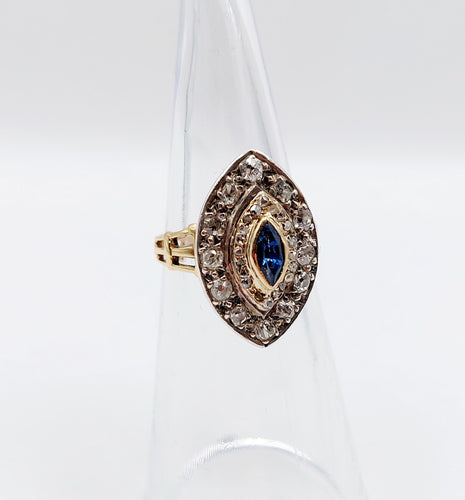 Bague 46.5 Bague marquise or rose et argent, saphir et diamants taille ancienne (circa 1900) 58 Facettes A03790