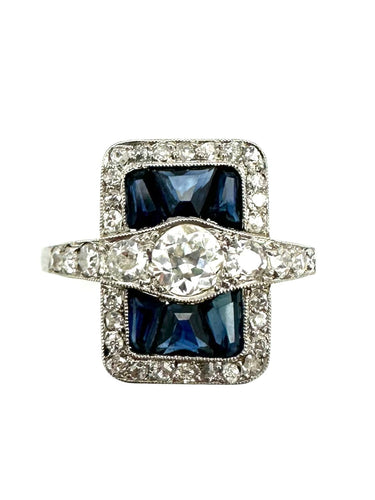 Bague Art-Déco en platine, saphirs calibrés et diamants