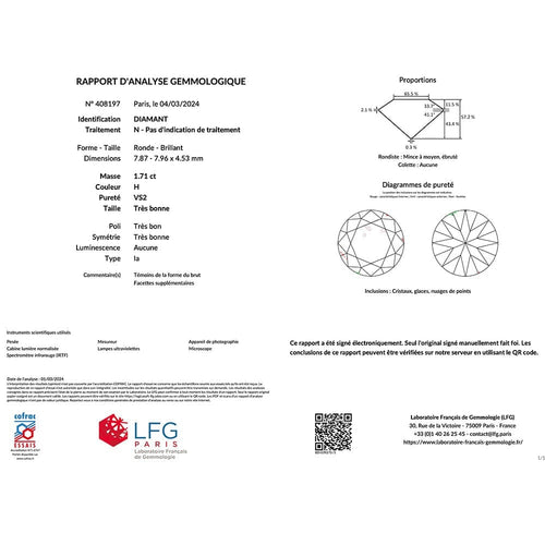 Bague 53 Solitaire platine, diamant 1,71 carat. 58 Facettes 33585