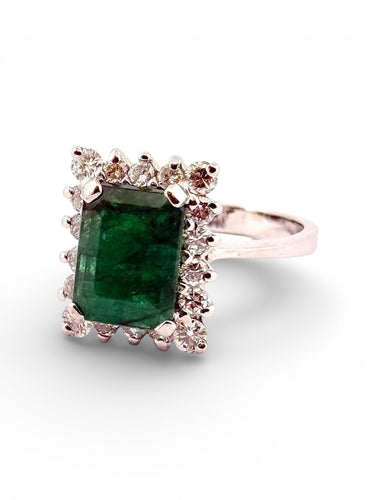 Bague 55 Bague en or blanc 18 carats diamants et émeraude 58 Facettes