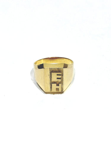 Bague 55 Chevalière guillochée initiales \"EH\" en or champagne 18 carats 58 Facettes