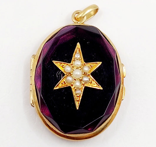Pendentif Pendentif photo, reliquaire antique or jaune, verre violet et perle 58 Facettes A06193