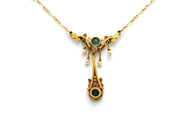 Collier Collier Art Nouveau en or jaune serti de tourmalines, de perles et de diamants 58 Facettes 22936