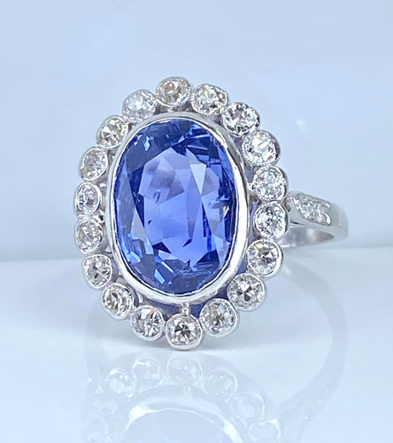 Bague - Saphir Ceylan non chauffé 6,53 cts en platine et diamants