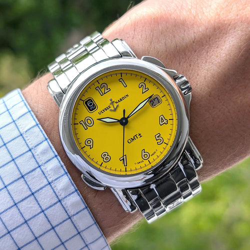 Montre Ulysse Nardin San Marco GMT + Dual Time Date 203-22 Stainless Steel Yellow Dial Automatic 58 Facettes