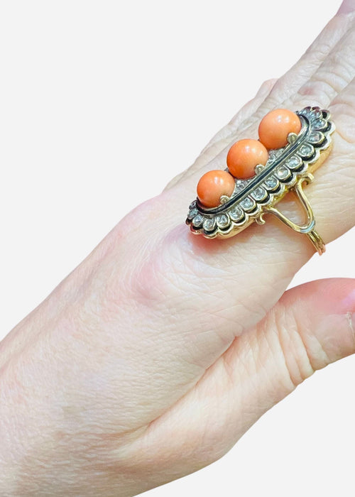 Bague Or, Perles Corail, Diamants Taille Ancienne, Email Noir