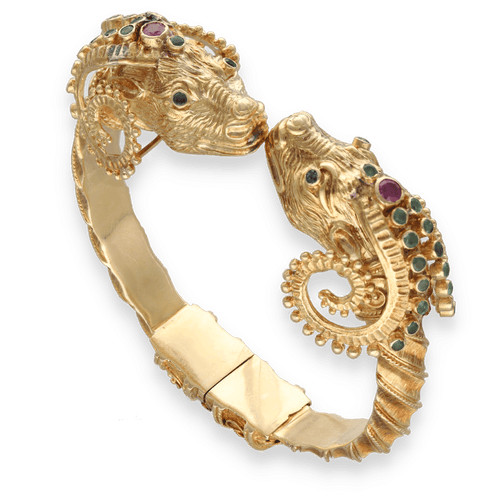 Bracelet Bracelet jonc Zolotas "Tetes de Belier" en or jaune 18K avec emeraudes, saphirs et rubis - 73,30 g 58 Facettes FB10527