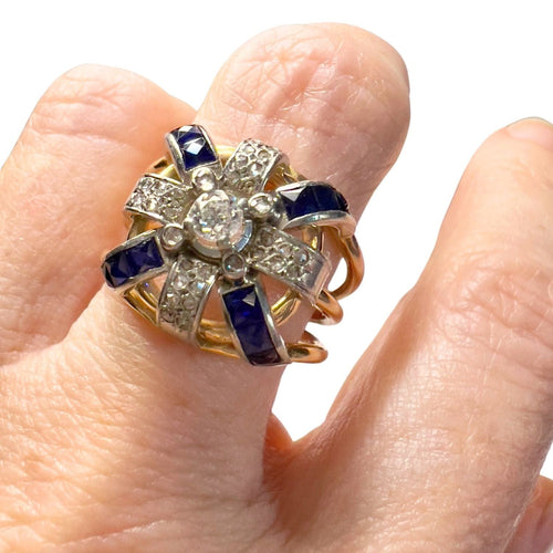Bague Bague rétro des années 40 en or et platine avec diamants et saphir 58 Facettes CH52(04553)