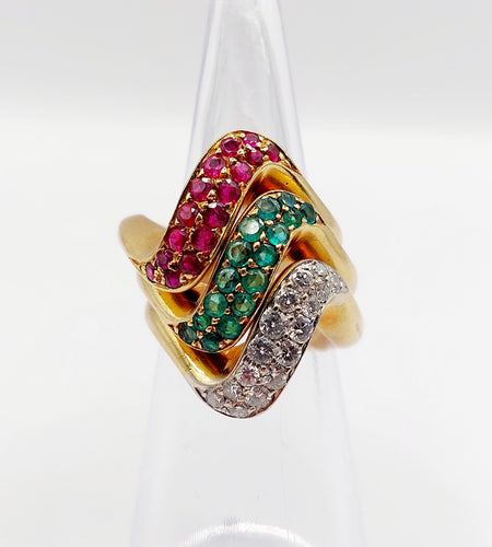 Bague 49 Trilogie de Bagues jonc vintage or ornée d'un pavé diamants, émeraude et rubis 58 Facettes A04056-7-8