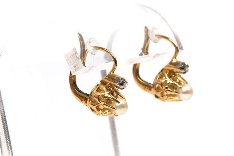 Boucles d'oreilles Boucles d'oreilles Art déco or jaune, perles et diamants taille rose 58 Facettes B472