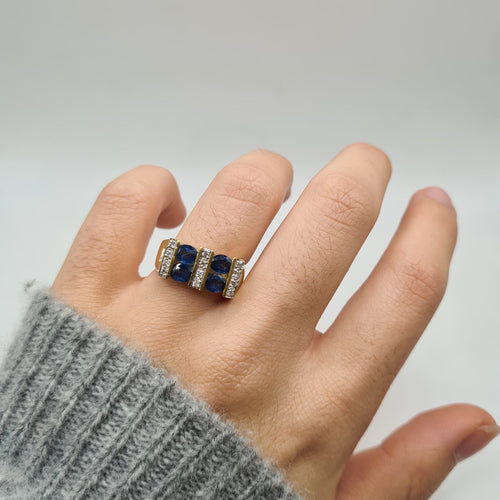 Bague 55 Bague art déco or jaune 18 carats sertie de 6 saphirs ovales et diamants 58 Facettes
