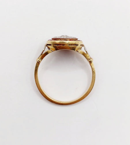 Bague 50 Bague cible Art déco en or 18k, diamant taille rose et rubis calibrés 58 Facettes A06428