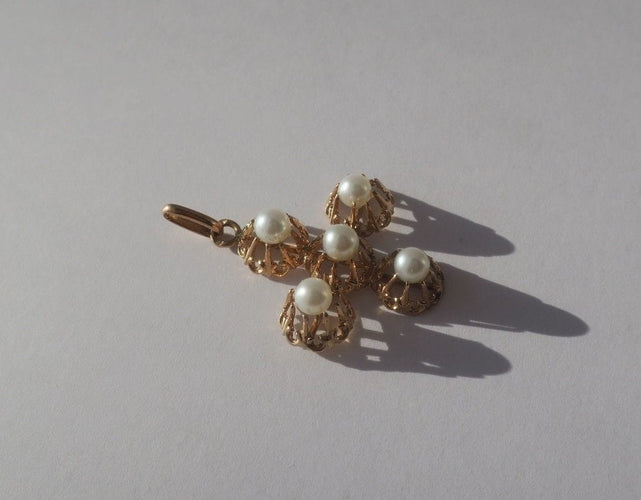 Collier Croix or rose perles XIXe 58 Facettes