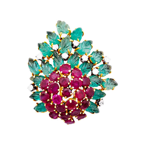 Boucles d'oreilles Clip Floral, or jaune, diamants, émeraudes, rubis. 58 Facettes 35266