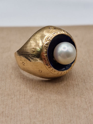Bague 49.5 Bague chevalier perle et émail en or jaune 18k 58 Facettes