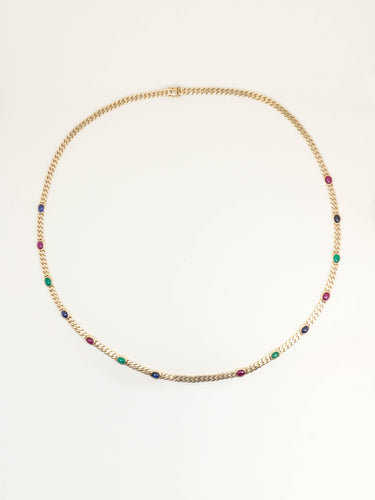 Collier Sautoir maille gourmette or jaune saphirs rubis emeraudes 58 Facettes 1211.7