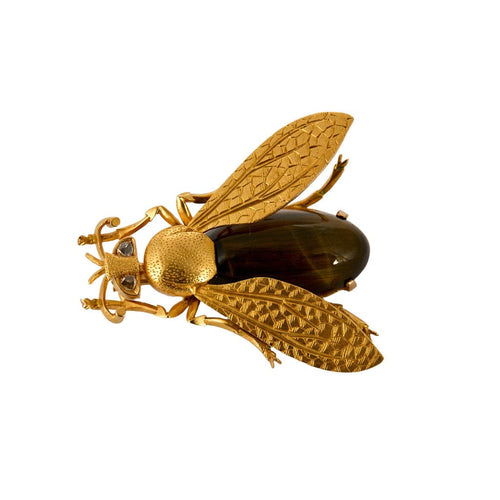 Broche Broche Abeille en or jaune, oeil de tigre et diamants 58 Facettes GU276
