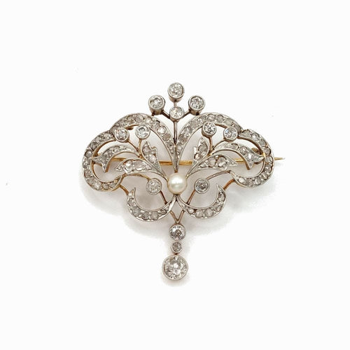 Broche Broche Art Nouveau "Constantia" transformable – Diamants, perle, or jaune et argent 58 Facettes 212