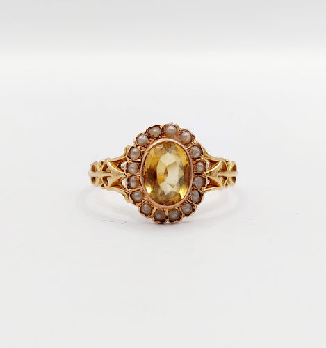 Bague marguerite antique citrine et perles en or rose 18k (circa 1900)