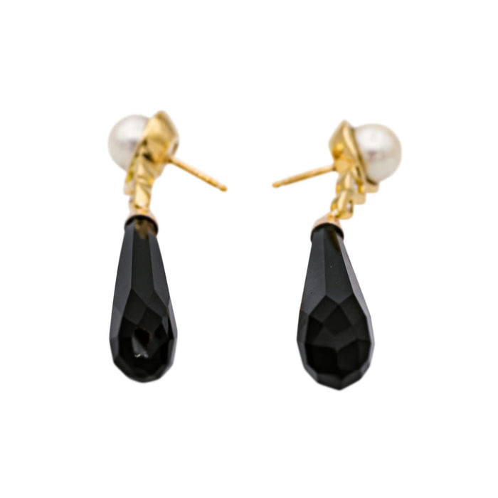 Boucles d'oreilles Pendantes Or jaune Perle de culture, Onyx, Diamant