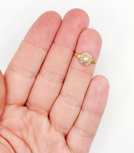 Bague 48.5 Bague marguerite antique or rose 18k perle et diamants taille roses (circa 1900) 58 Facettes A06176