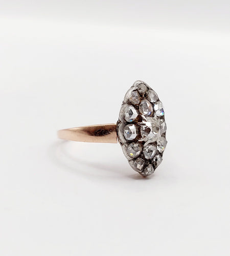 Bague 54 Bague marquise antique en or rose 18k et argent, diamant et diamants roses 58 Facettes A06417