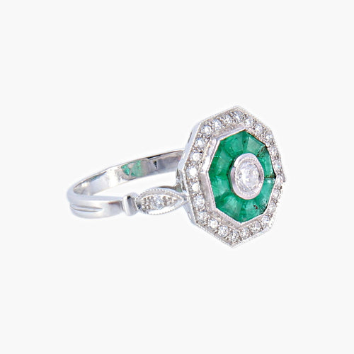 Bague style Art Déco Diamants Emeraudes