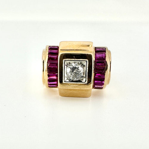 Bague 56.5 BAGUE TANK RUBIS CALIBRE ET DIAMANT EN OR JAUNE 18K 58 Facettes