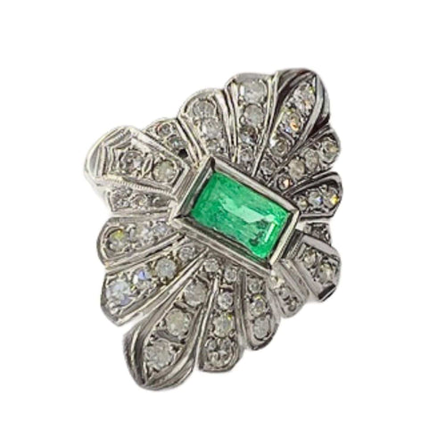 Bague 54 BAGUE EN OR DE STYLE AR DÉCO AVEC DIAMANTS 1 ct ET ÉMERAUDE 1 ct 58 Facettes Q319B