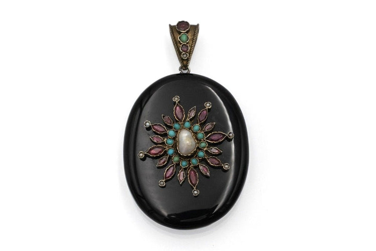 Pendentif Médaillon antique en onyx avec perles, grenats et turquoises 58 Facettes 11313