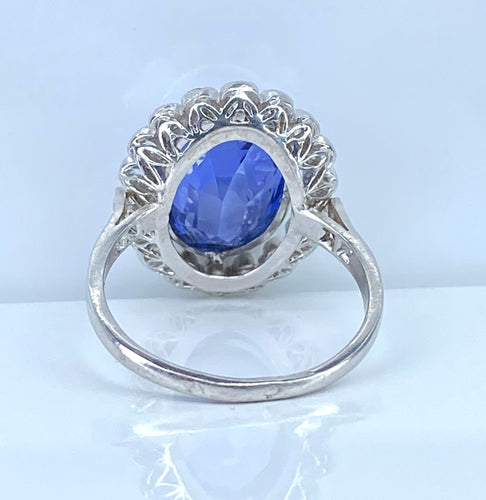Bague - Saphir Ceylan non chauffé 6,53 cts en platine et diamants
