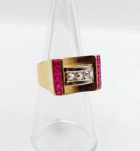 Bague 52 Bague tank Art déco en or rose 18k avec diamants et rubis synthétiques 58 Facettes A06536