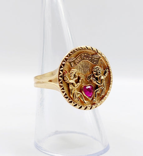 Bague 55 Bague vintage "il bat pour toi" or rose, angelots sculptant un coeur en rubis synthétique 58 Facettes A05267