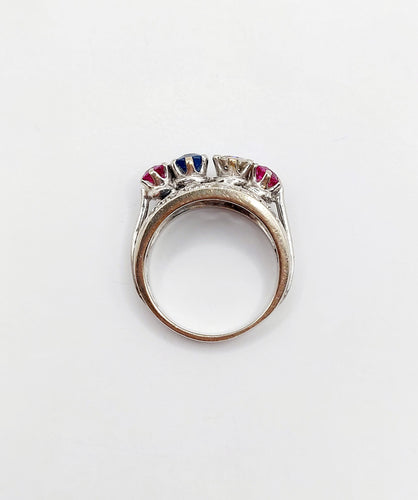 Bague 51 Bague jarretière art déco or blanc diamant, saphir et rubis 58 Facettes A03240