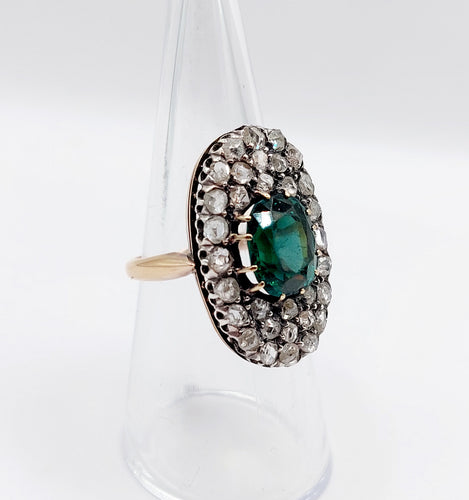 Bague marquise antique en or rose 18k et argent, doublet grenat vert et diamants